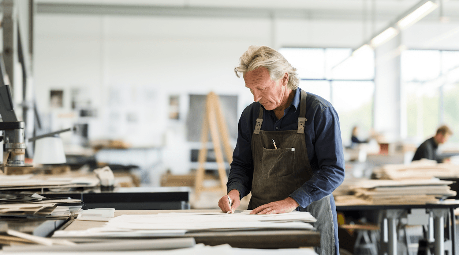 Handwerksmeister bei der Arbeit in einer hellen Werkstatt